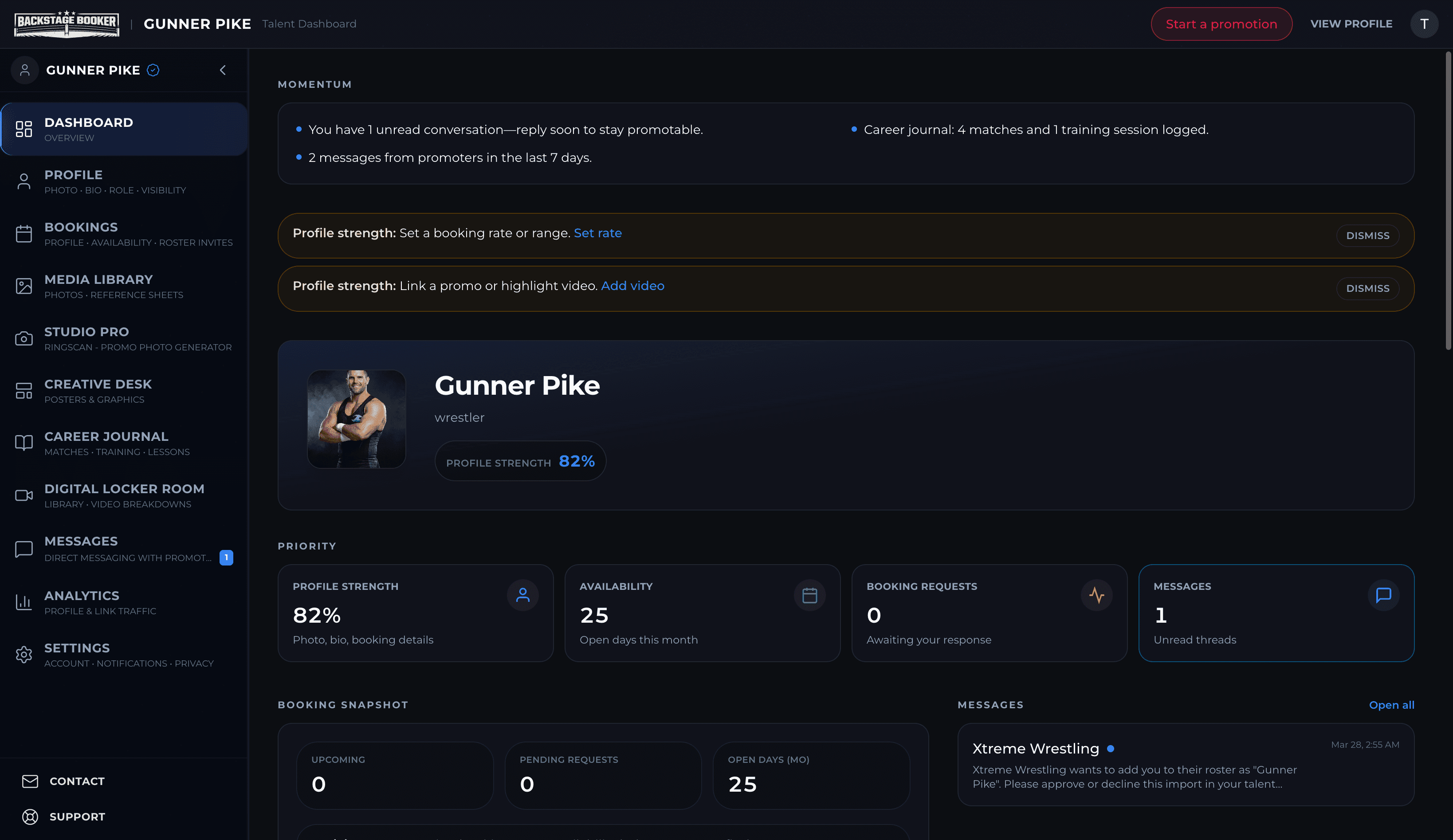 Talent dashboard in Backstage Booker — overview, profile strength, and bookings snapshot